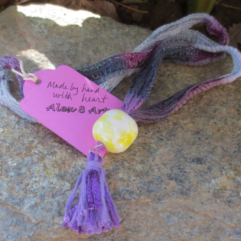 New Necklace Purple Yellow White Handcrafted Boho Fiber Painted Ceramic Tassel